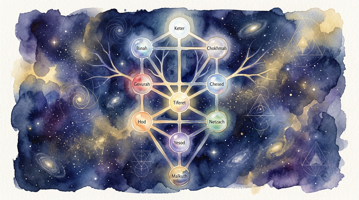 生命の樹（セフィロト）の10のセフィラと22のパスを表す抽象イメージ