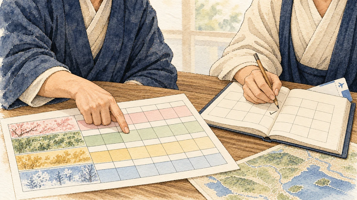 節入り時刻の資料と旅行日を手帳で照合する二人