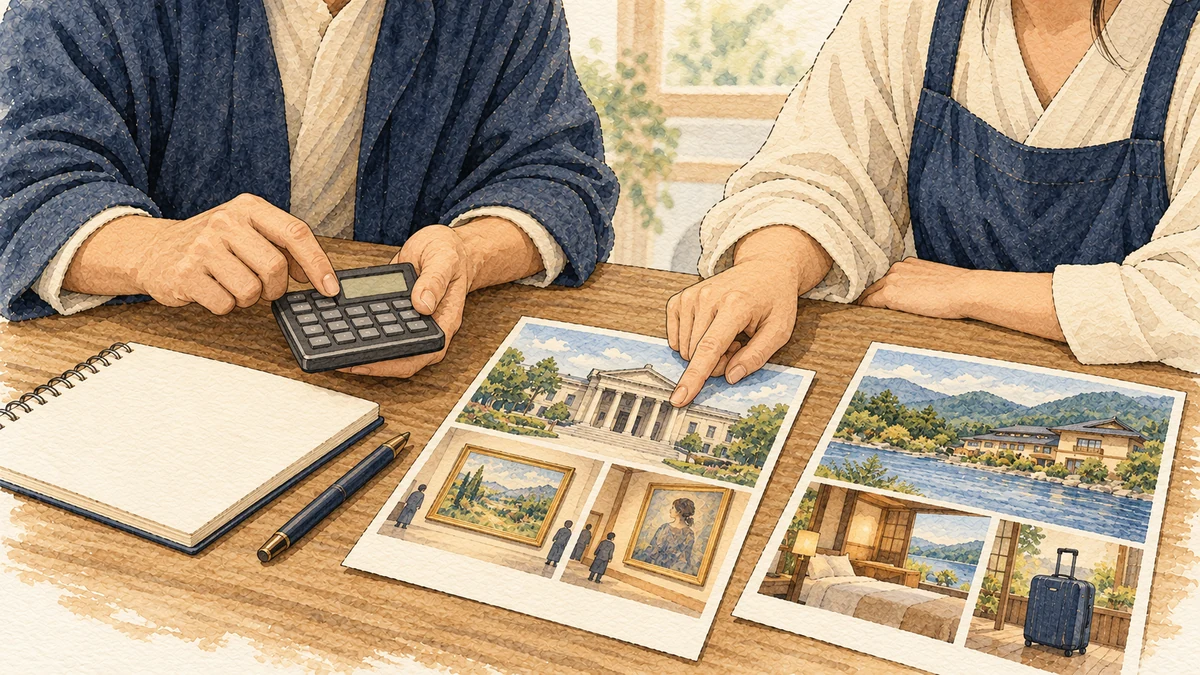 旅費と移動時間を比べながら二つの旅行案を相談する二人