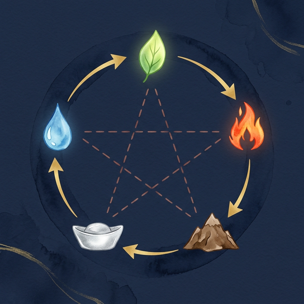 五行の相生・相剋サイクルを表す九星気学の概念イラスト