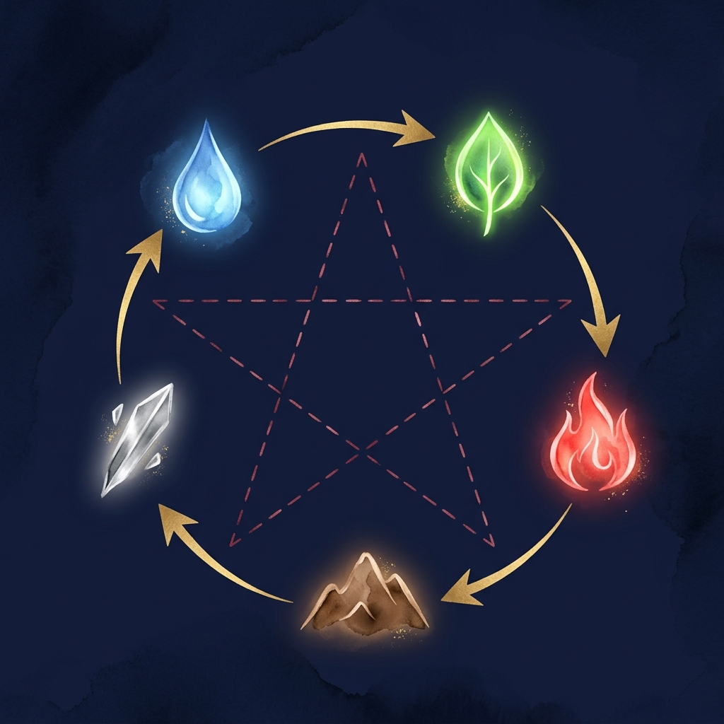 五行の相生・相剋サイクルを表す概念イラスト