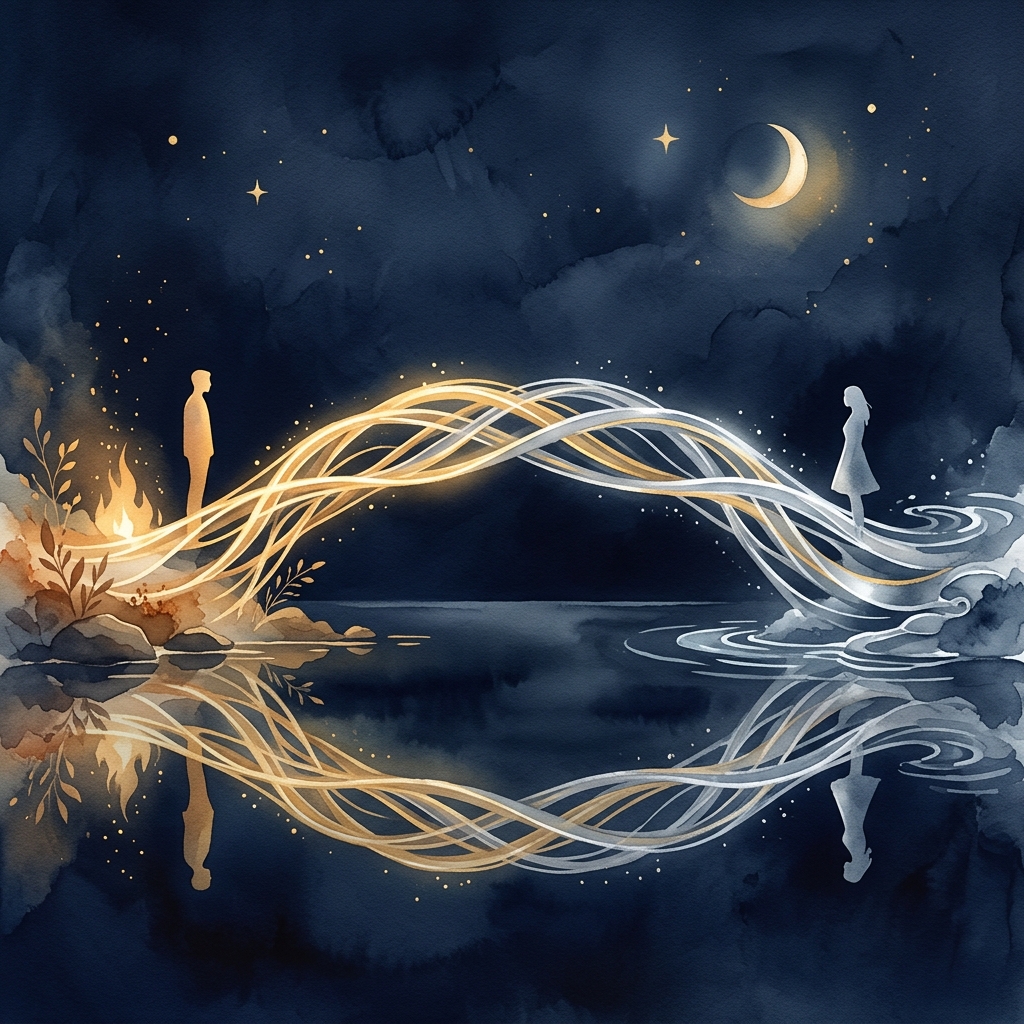 異なる五行を持つ2人が橋で繋がるイメージイラスト