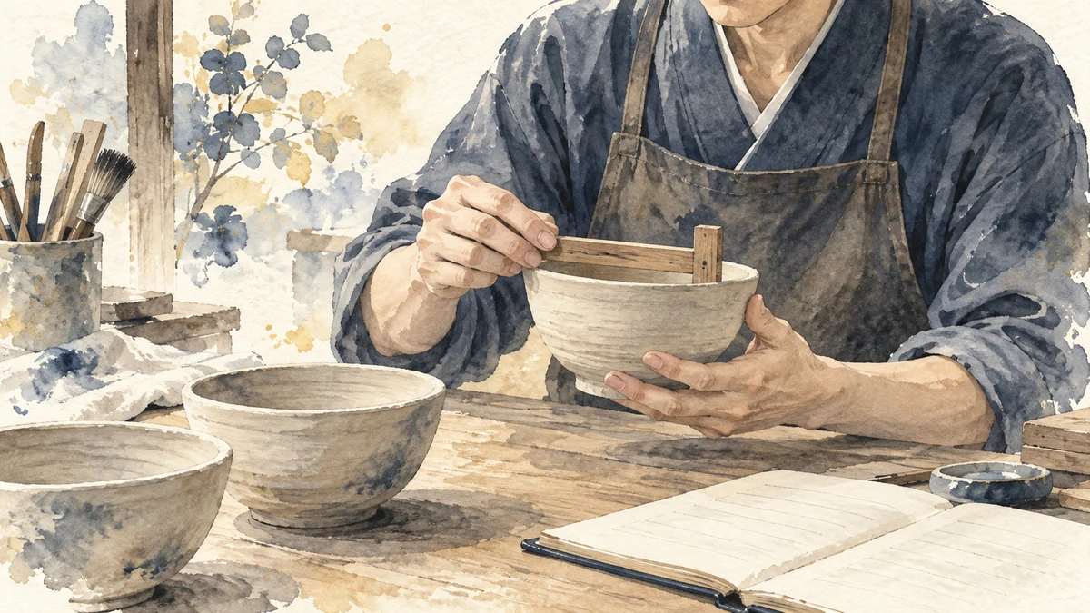 陶器の縁に木の測定具を当て、ゆがみを確かめる制作者