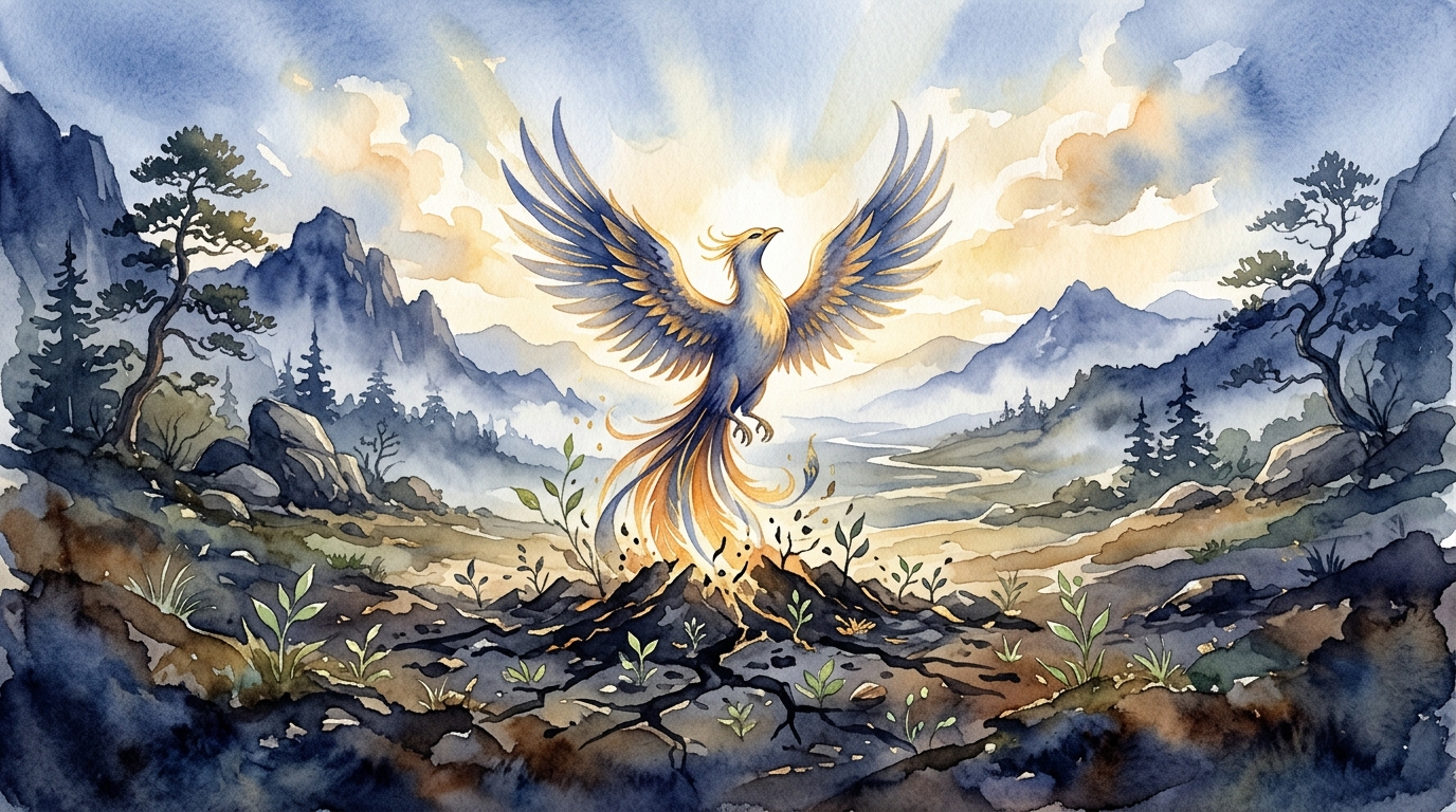 荒野から蘇る不死鳥—五黄土星の破壊と再生エネルギーを象徴する水彩イラスト