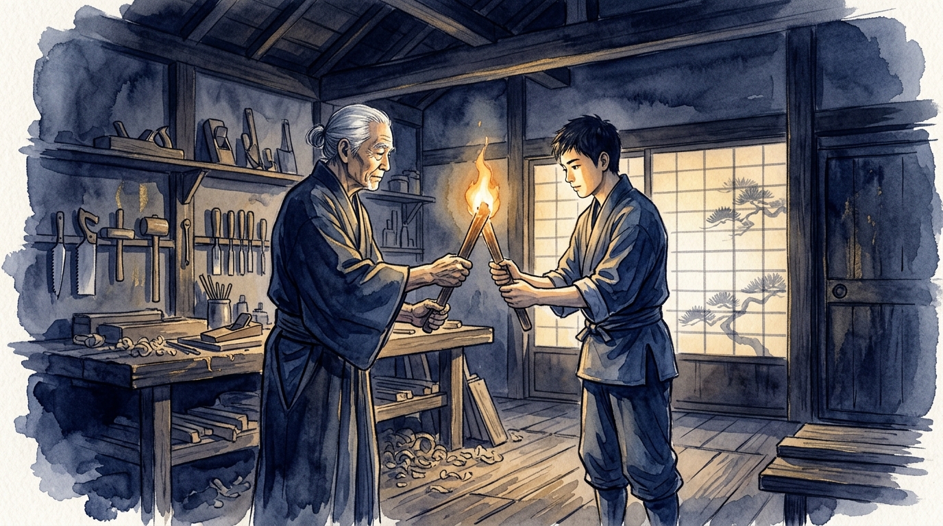 職人から弟子へ技を継承する場面—八白土星が象徴する変革と継承の精神