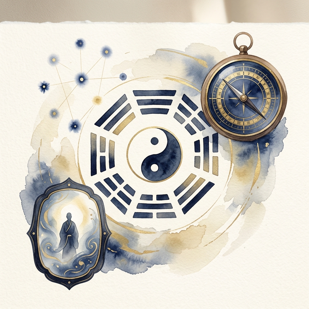 九星気学の傾斜宮と八卦を象徴する水彩イラスト