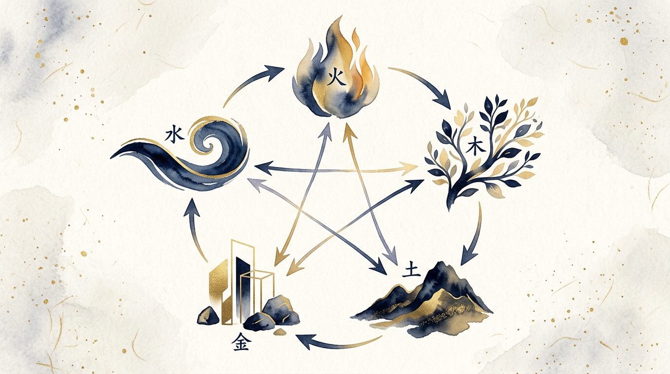 五行（木火土金水）の相生・相剋の関係を表す水彩イラスト