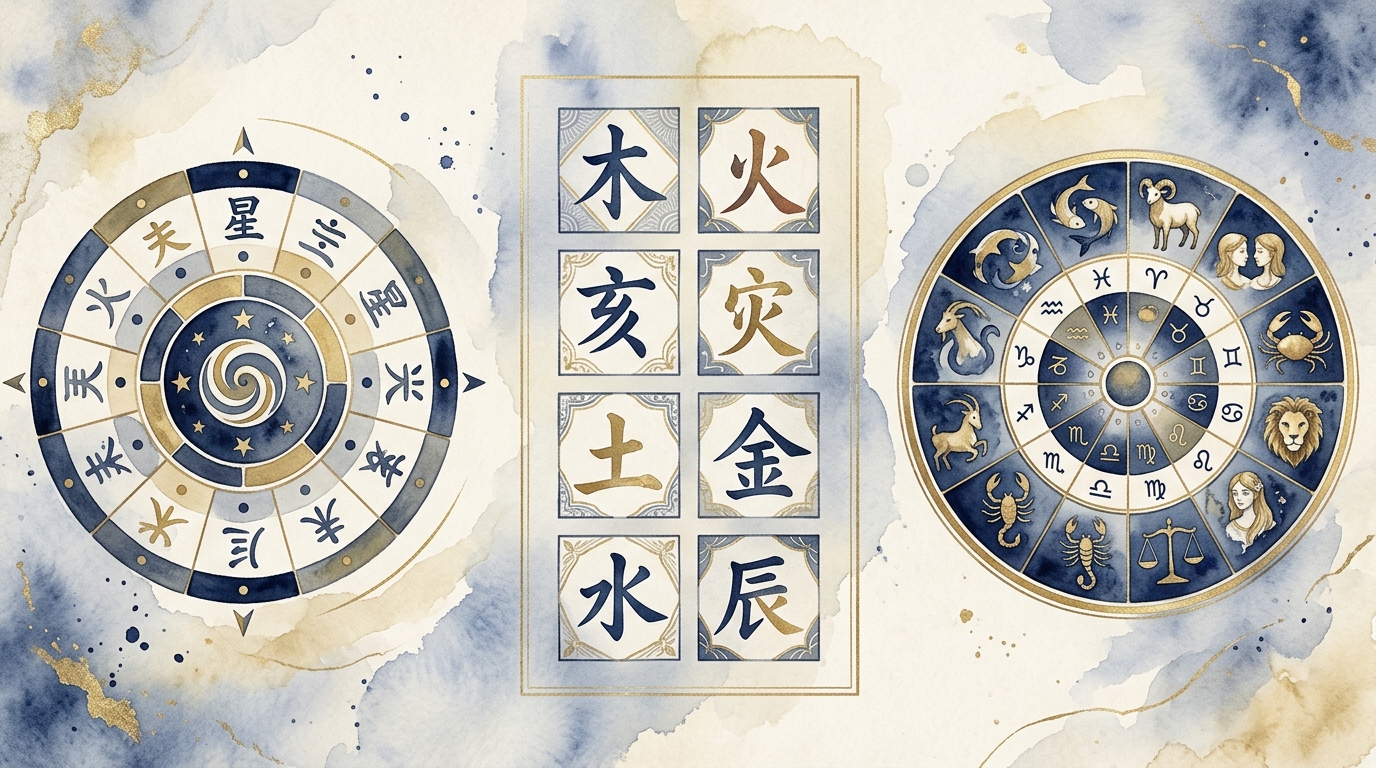 九星気学・四柱推命・西洋占星術の三占術を並べた水彩イラスト