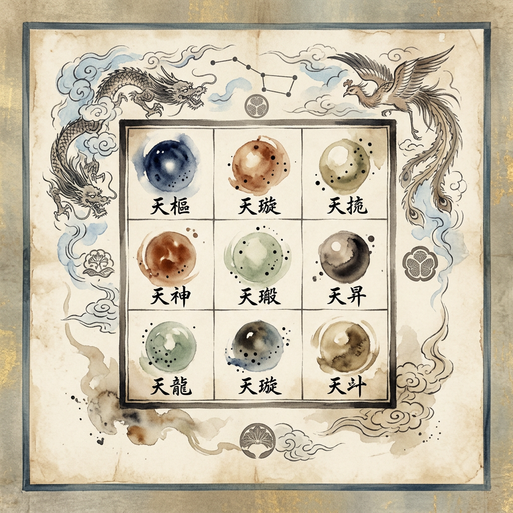 洛書（ルーシュ）と古代中国の九宮（九星）の起源を示す宇宙的なイラスト