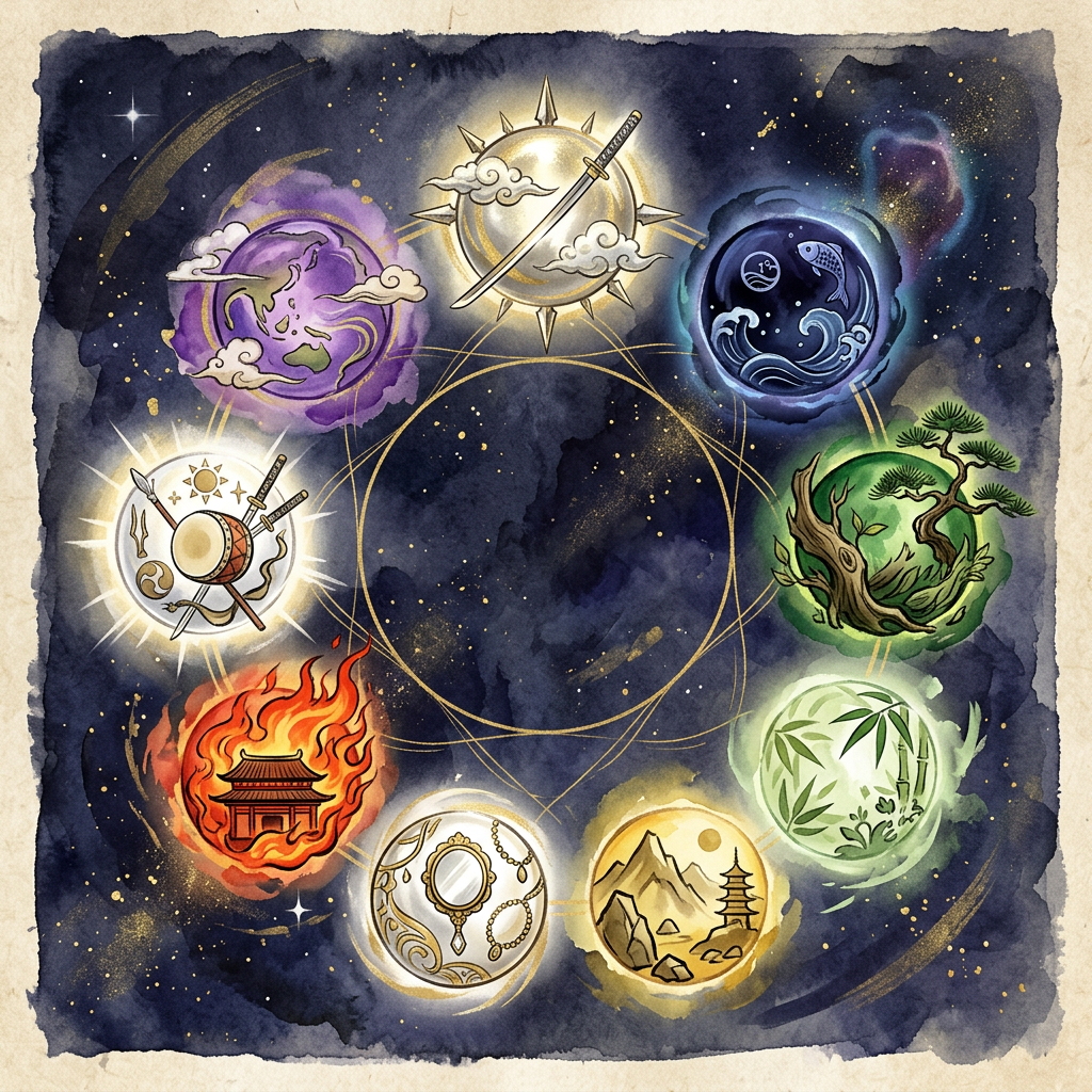 九星気学の9つの本命星を象徴する惑星と五行エネルギーのイラスト