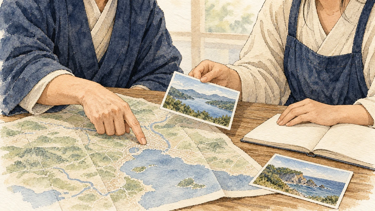 地図と旅行資料を見比べながら二人で移動計画を相談する手元