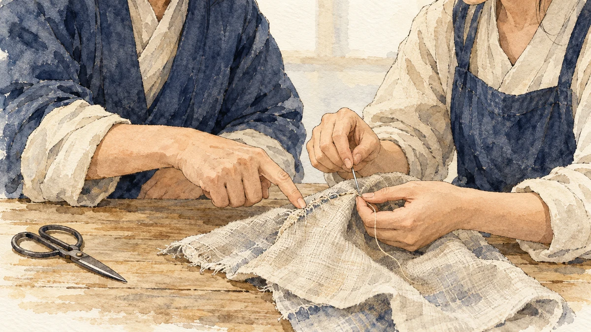 布を縫う人の手を止めず、難しい縫い目だけを隣で指し示す人
