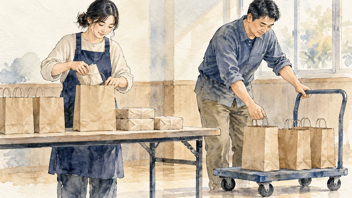 紙袋へ品物を詰める人と、完成した袋を台車へ運ぶ人が工程を分担する