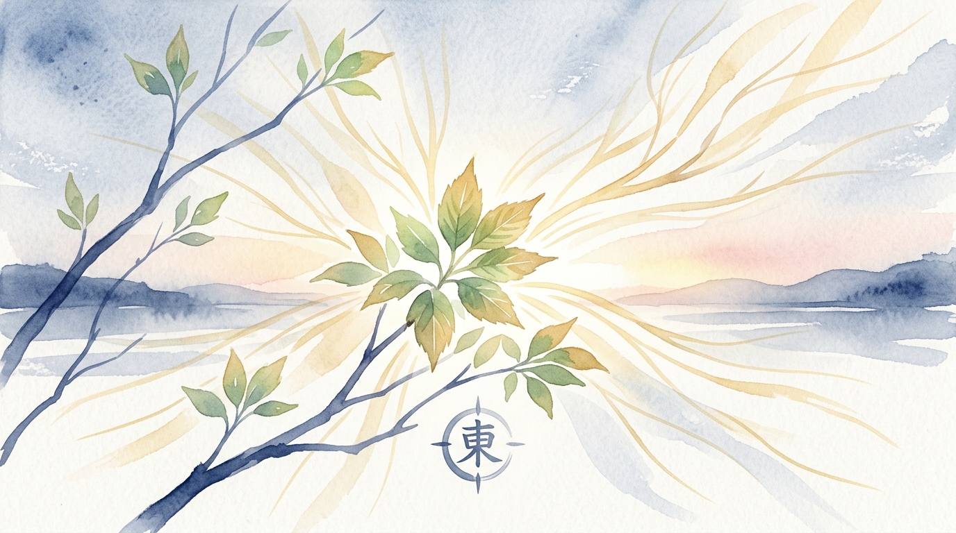 三碧木星の開運を象徴する緑の新芽と光に満ちた春の朝の水彩イラスト