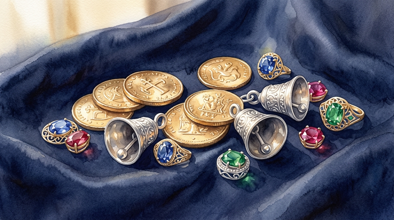 七赤金星の金運を象徴する精錬された金貨・鈴・宝石