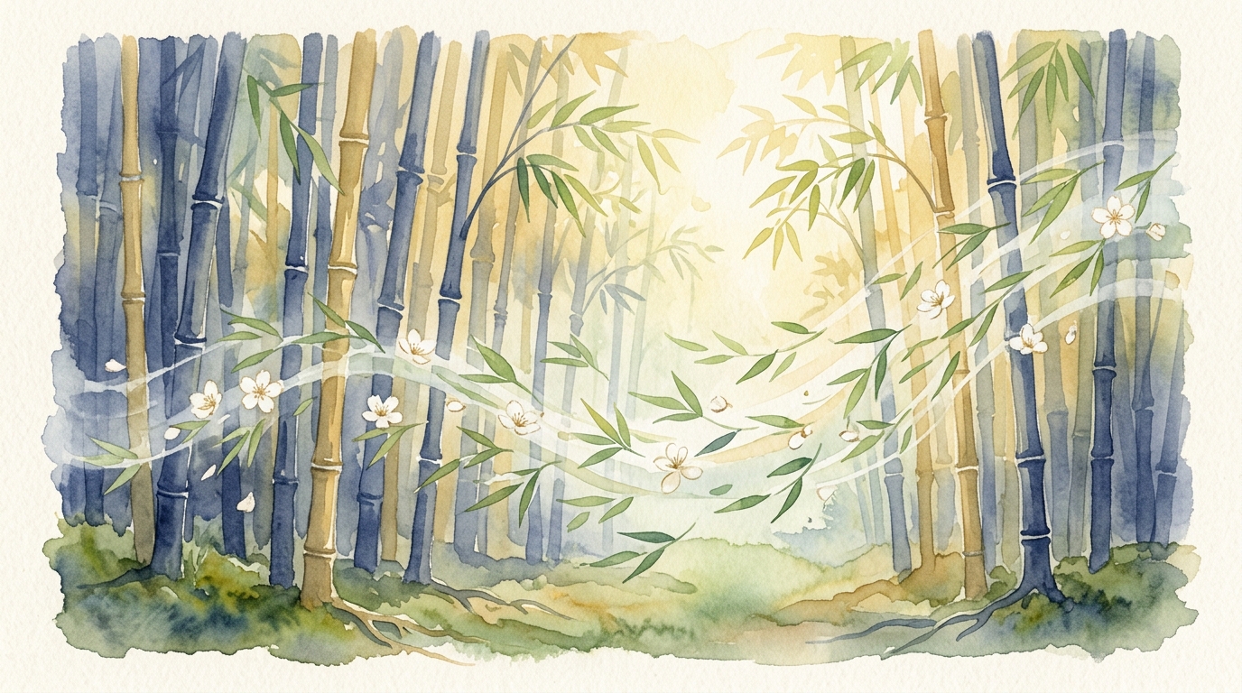 風・緑・縁をつなぐ竹林と光の水彩イラスト