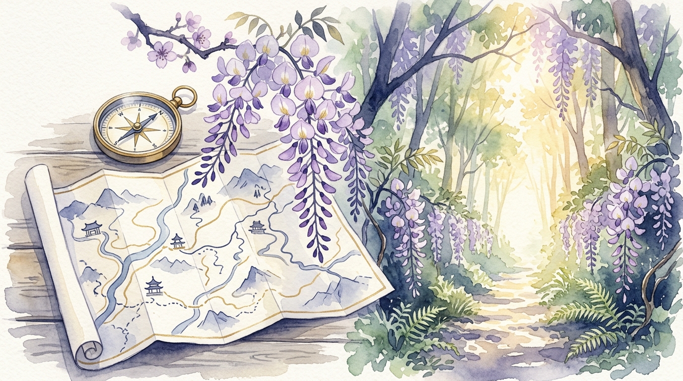 旅・縁・開運を象徴する地図・コンパス・藤の花の水彩イラスト