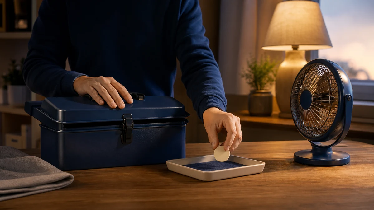 直した生活道具が動くことを確かめ、工具を収納して一つの完了札をトレーへ置く青い手の片づけ