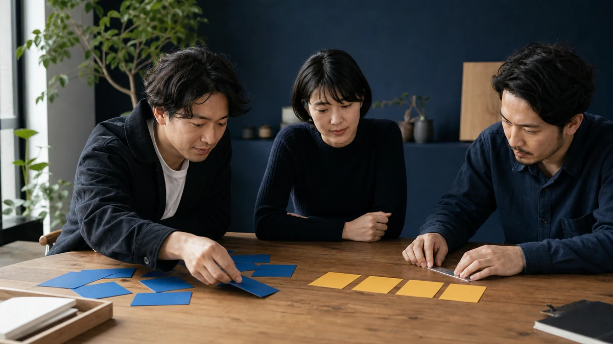 制作チームが無地の試作カードを並べ、青と黄のグループの違いを実物で比較する場面