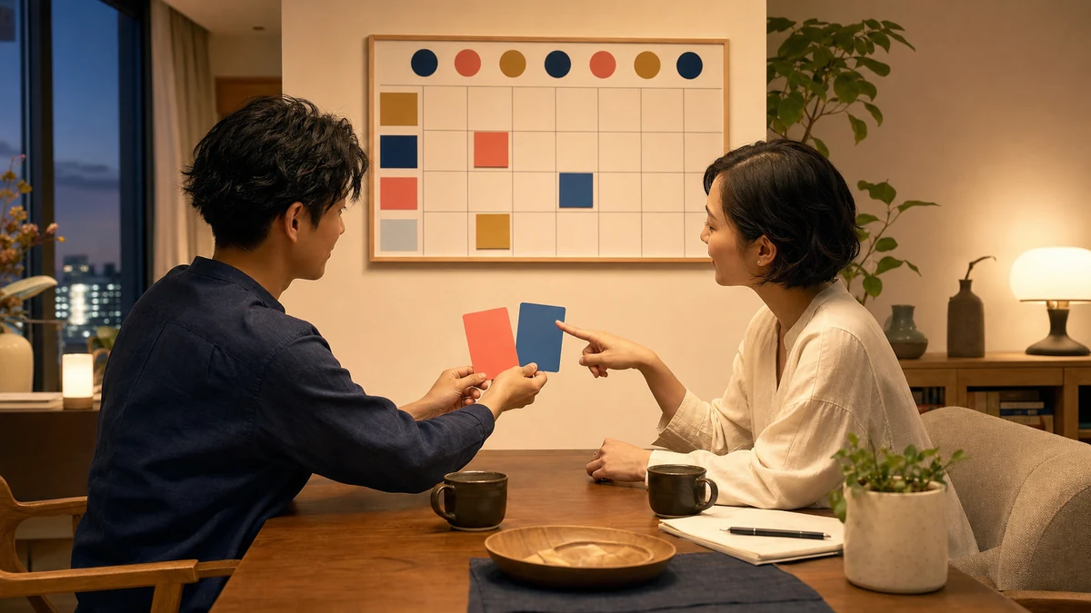 家事の担当カードを差し出し、相手が選ぶのを待つ二人のパートナー