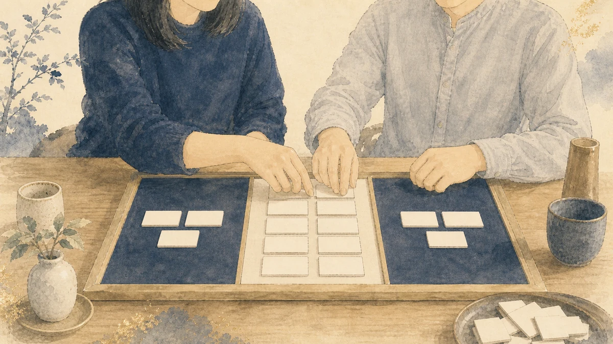 白い鏡の人間関係として、二人が同じ卓上枠を囲み、中央の共有範囲と左右の個人範囲へ無地の基準タイルを分けて置き直す場面