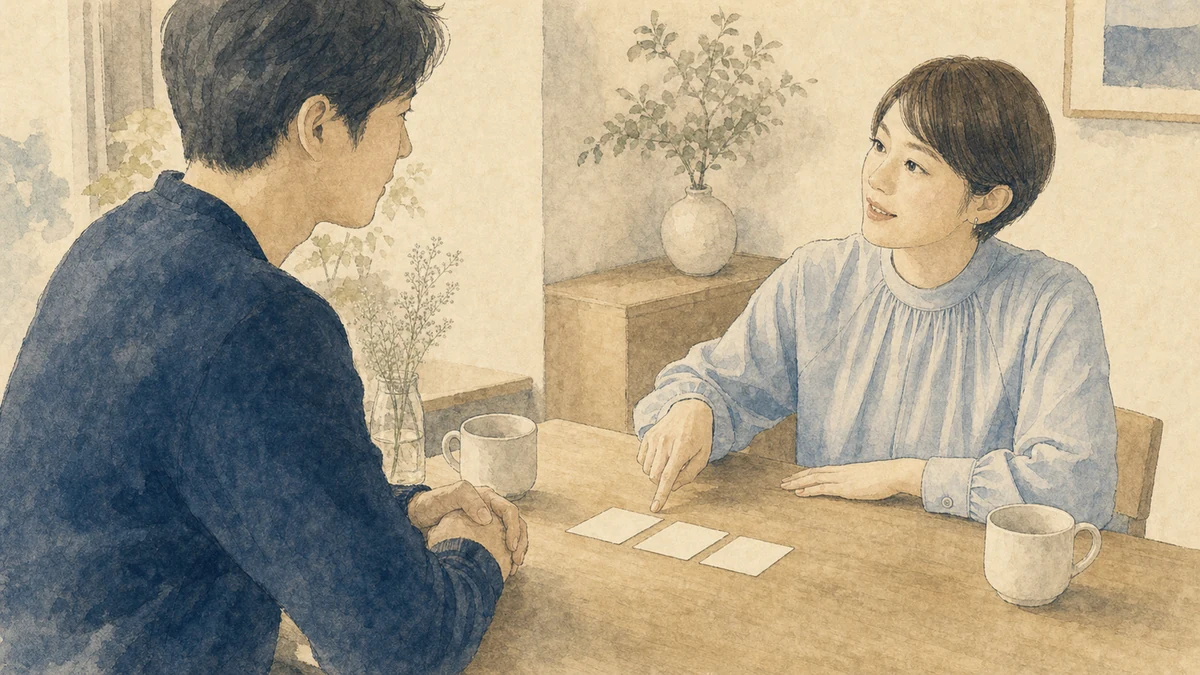 三枚の短いメッセージカードを挟み、話す人と聞く人を交代しながら対話する二人