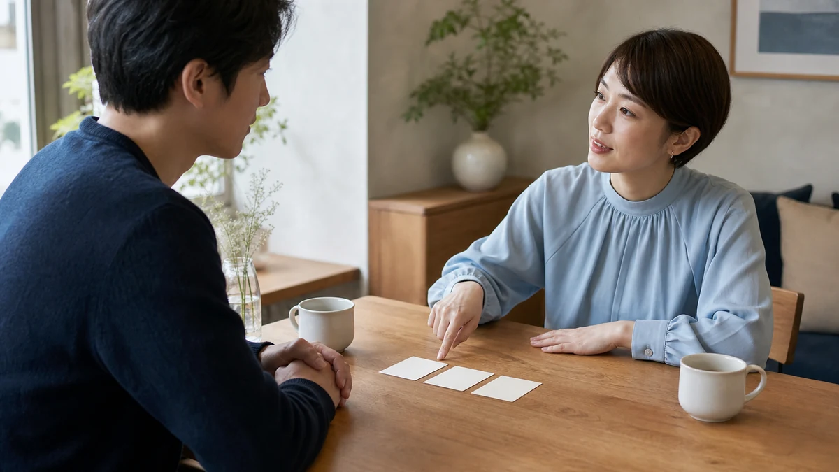 三枚の短いメッセージカードを挟み、話す人と聞く人を交代しながら対話する二人