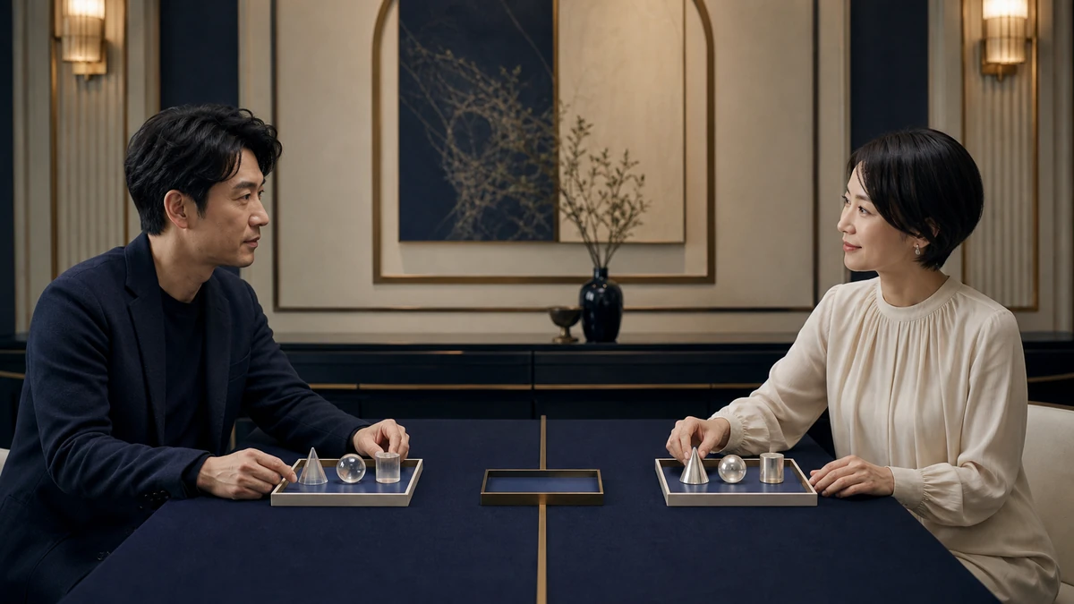 白い魔法使いの人間関係として、二人が別々の受け皿を保ち、話し手の配置を聞き手が自分の領域で映し返す場面
