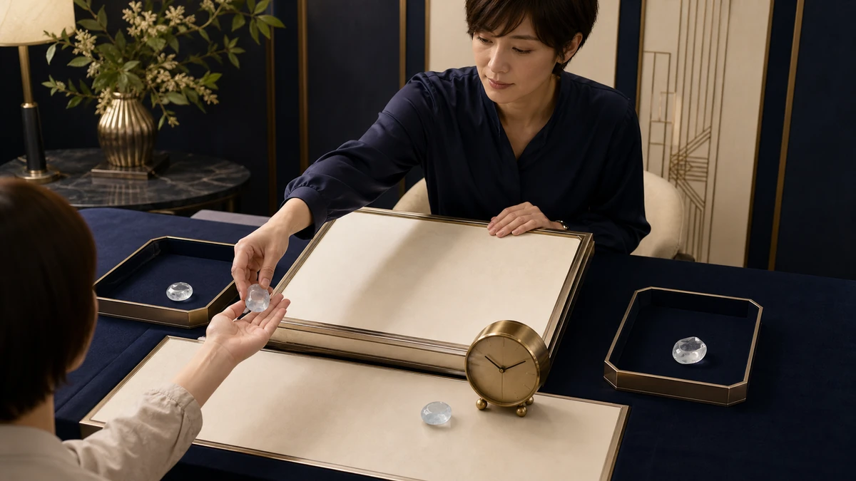 白い魔法使いの実践として、受け取り時間を終えた人が一つを相手へ返し、未決のものを別の受け皿へ置いて、時計の横に次の一手だけを残す場面