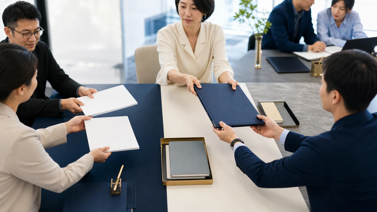 会議で三つの担当チームの資料を受け取り、次の担当者へ引き継ぐ白い世界の橋渡しの進行役