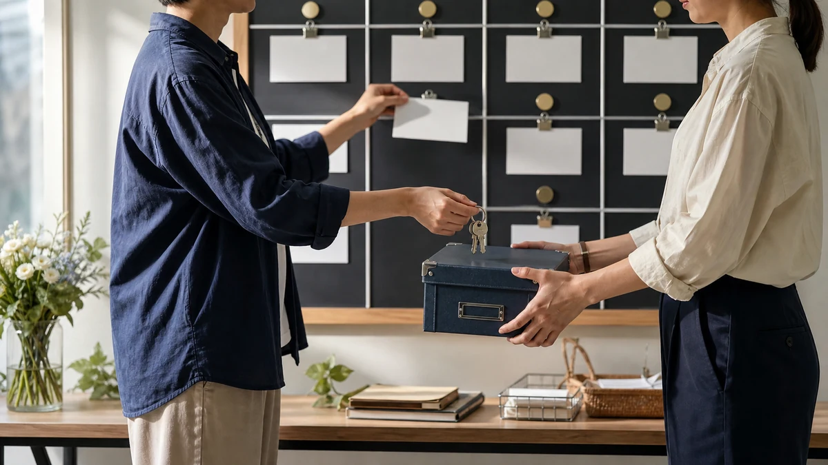 担当を終える人が後任へ整理した資料を手渡し、完了した自分のカードを作業ボードから外す引き継ぎ場面