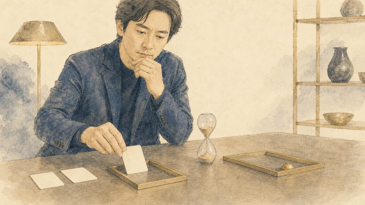 マヤ暦の黄色い人が、暫定的な選択を記録し、あとで見直せるよう次の確認地点へ印を置く場面