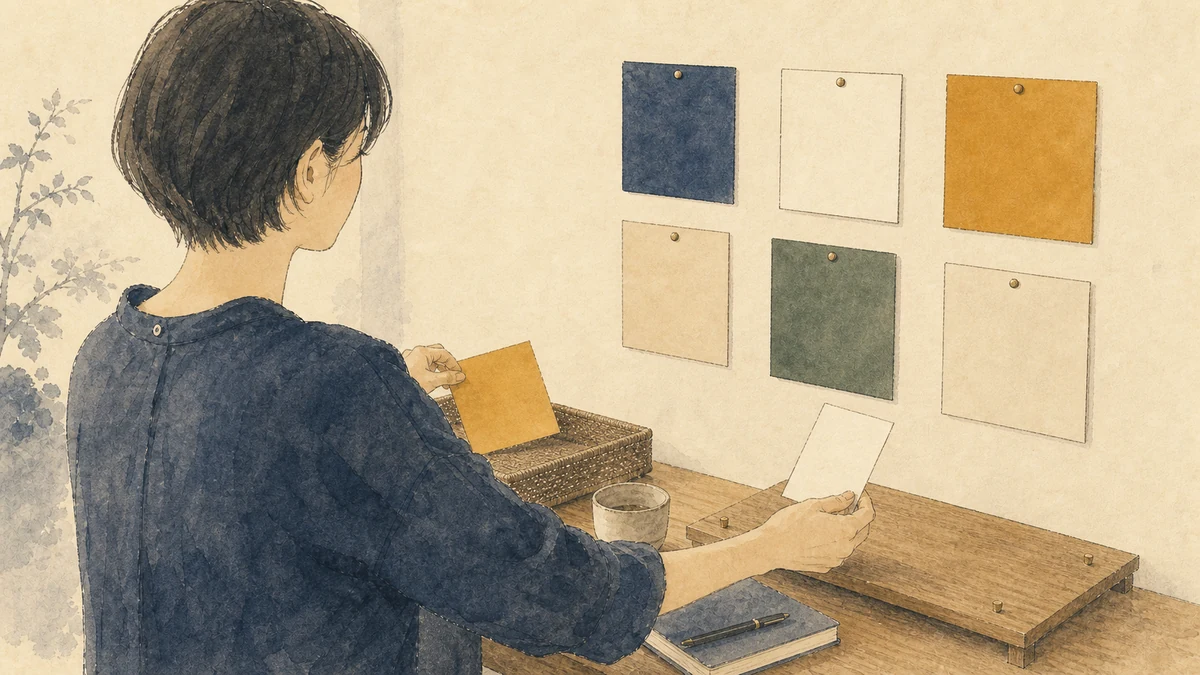 一人が壁の無地カードを見直し、続ける案と待機させる案を分けて次の小さな実験を選んでいる様子
