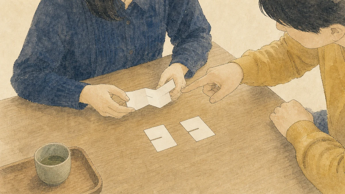 黄色い種の人が、紙の試作品を実演し相手の質問から部品を並べ直す場面