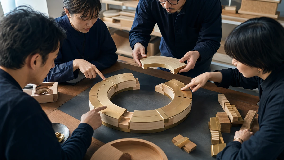 黄色い太陽の仕事力として、チームが作った円形のプロジェクト模型を前に、進行役が最後の一片をはめる前に各担当者と完成条件を照合している場面