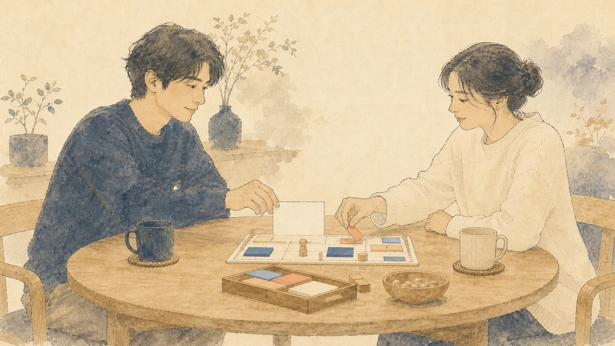 黄色い戦士の恋愛対話として、二人が向かい合って同じ予定模型を見ながら、一方が指示せず空いた確認カードを中央へ置き、もう一方が自分の予定を加える場面