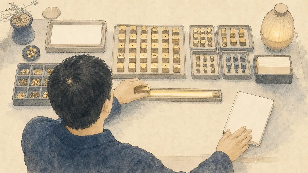 黄色い戦士の日常実践として、一人の人が大きな課題模型を分解し、試行済みの一つを完了レールへ移してノートを閉じる場面