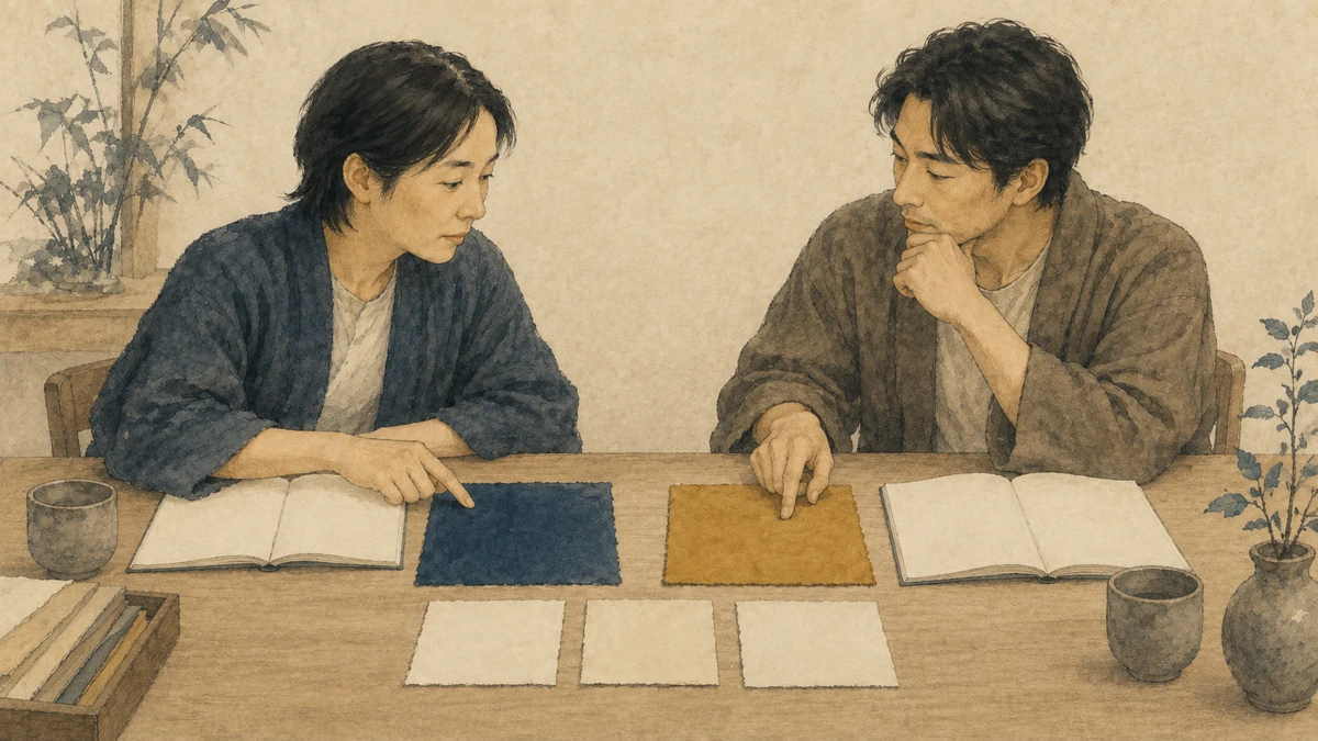 二人がそれぞれのメモを持ち寄り、共通点と違いを指さして確かめる場面