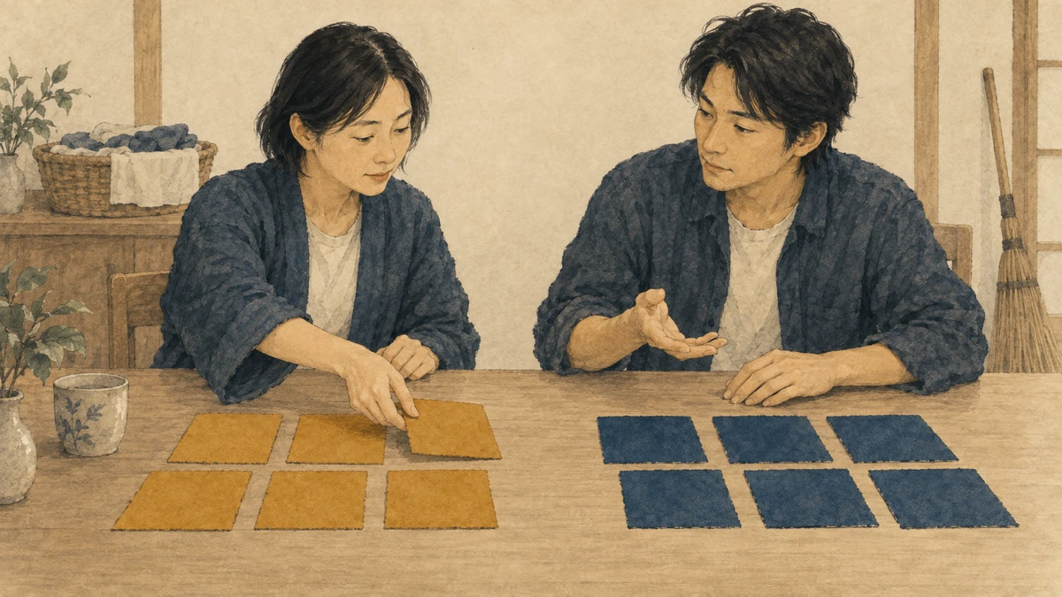 同居する二人が家事の担当をカードで並べ直し、分担を相談する場面