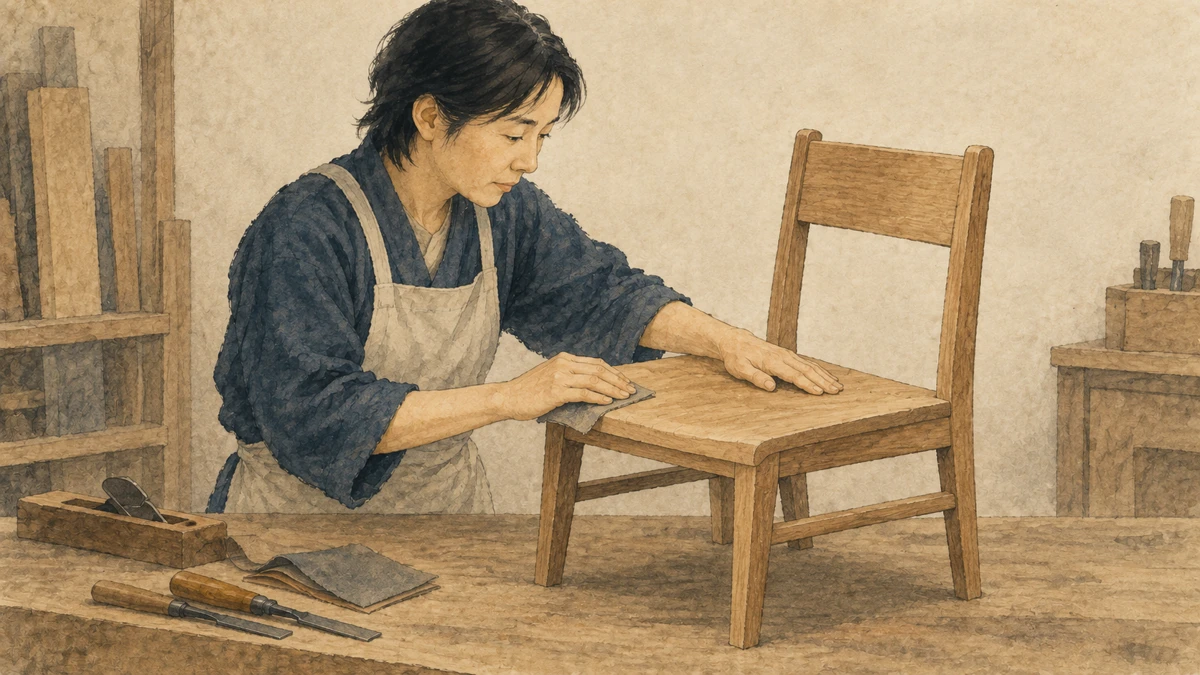 木製の椅子を仕上げ、手を動かして完了した工程を確かめる人