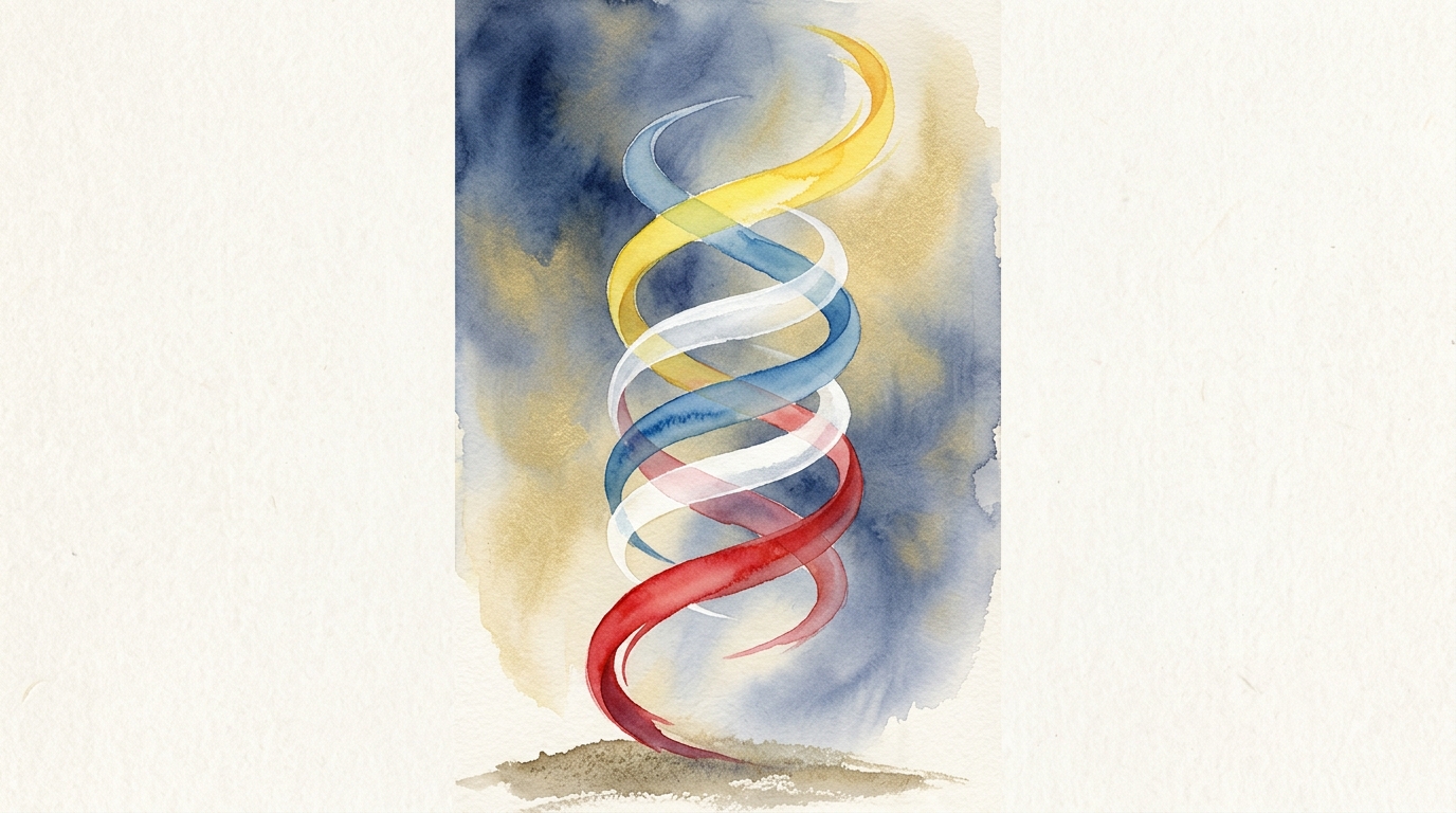 マヤ暦の4色の時代が螺旋状に上昇するイメージ