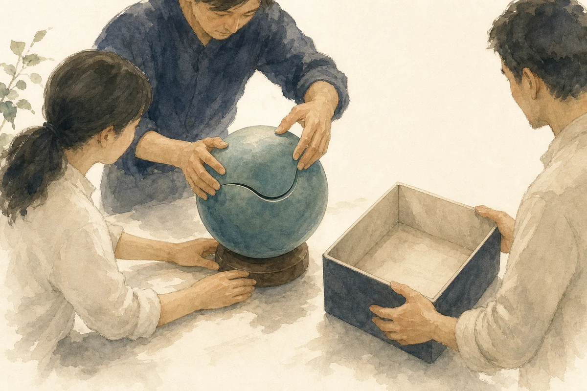 三人のチームが球体模型の最後の部品を収め、完成品を受け渡せる状態へ整える様子