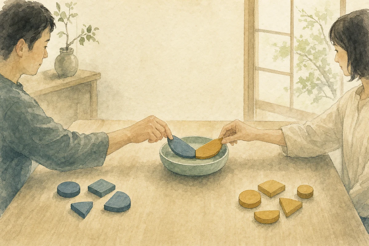 二人がそれぞれの希望を残しながら、中央の小さな器へ共通の一片を収める様子