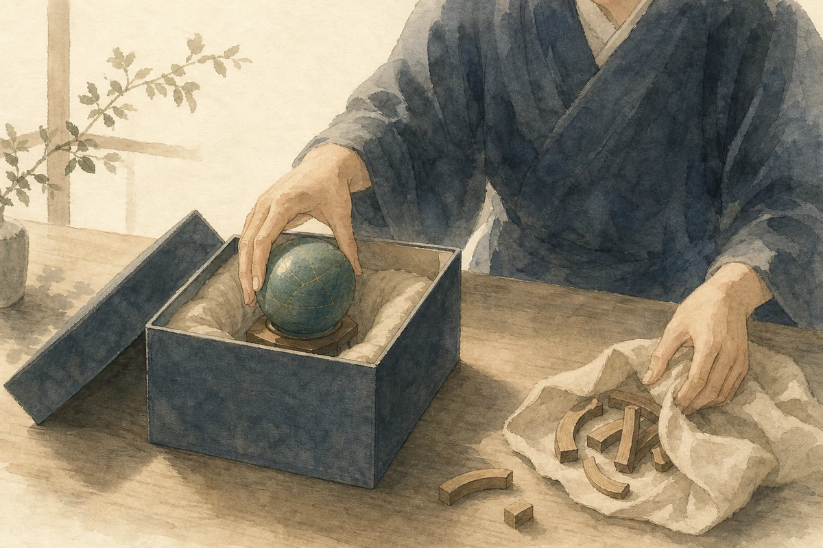 一人が完成した球体模型を箱へ収め、使わない部品を布で包んで作業を閉じる様子