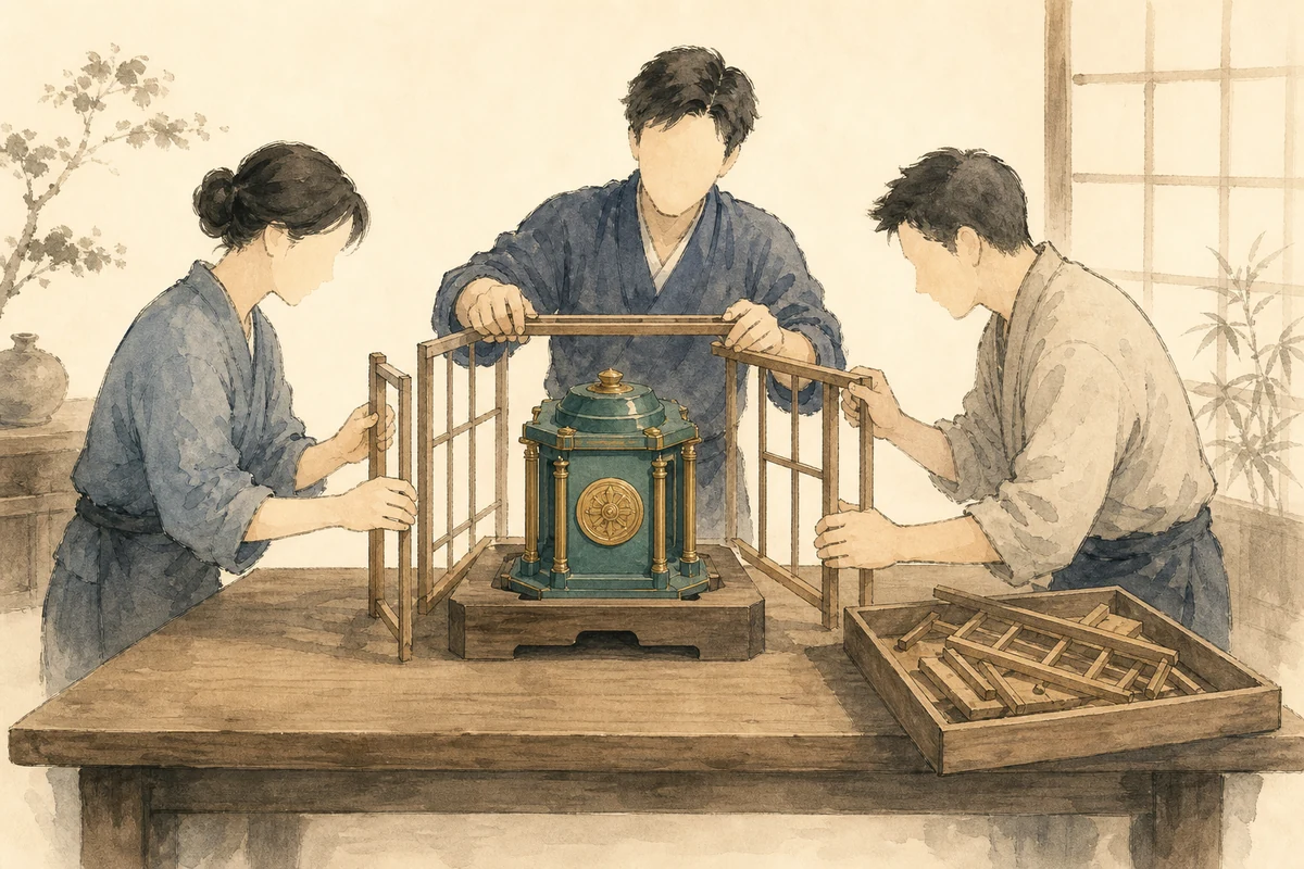 三人が大切な中心部を残し、役目を終えた外枠だけを分解してトレーへ移す様子