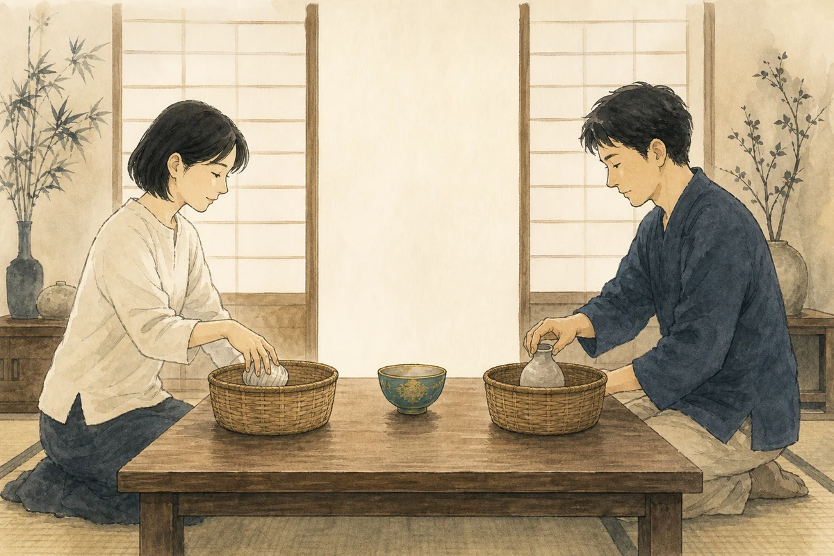 二人が共有物をそれぞれの籠へ整理し、合意して残す一つの器を中央に置く様子