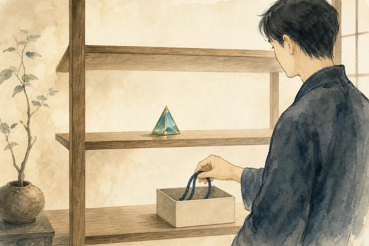 一人がほどいた古い紐を箱へ収め、大切なプリズムだけを余白のある棚に残す様子