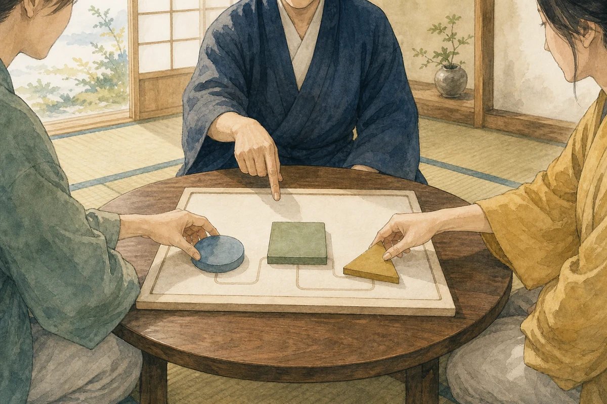 三人が異なる形の木製タイルを持ち寄り、中央の一枚の計画盤へ並べる様子