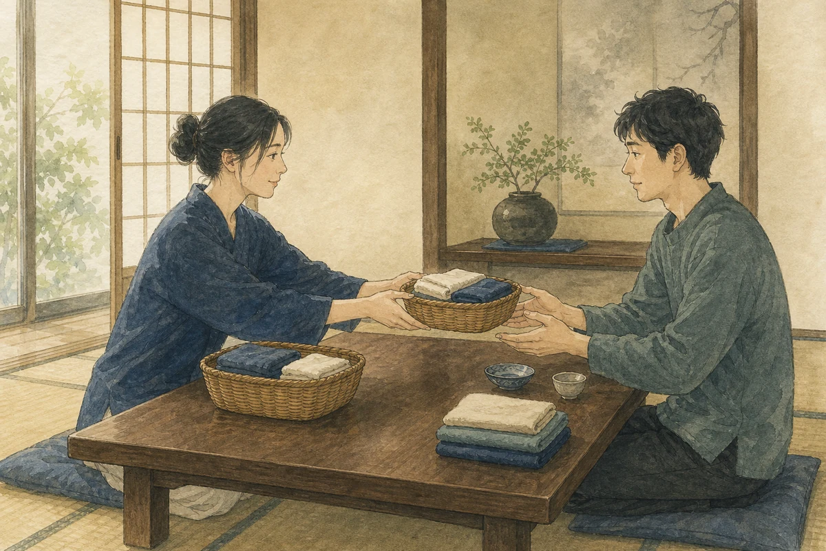 二人が日常の作業かごを一つずつ分け、一方のかごを相手へ手渡す様子