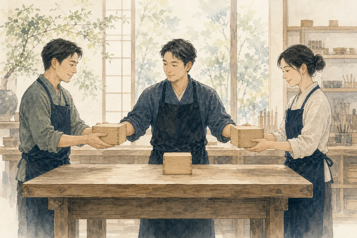 一人が抱えていた三つの木箱を仲間と分け、三人で一箱ずつ持つ様子